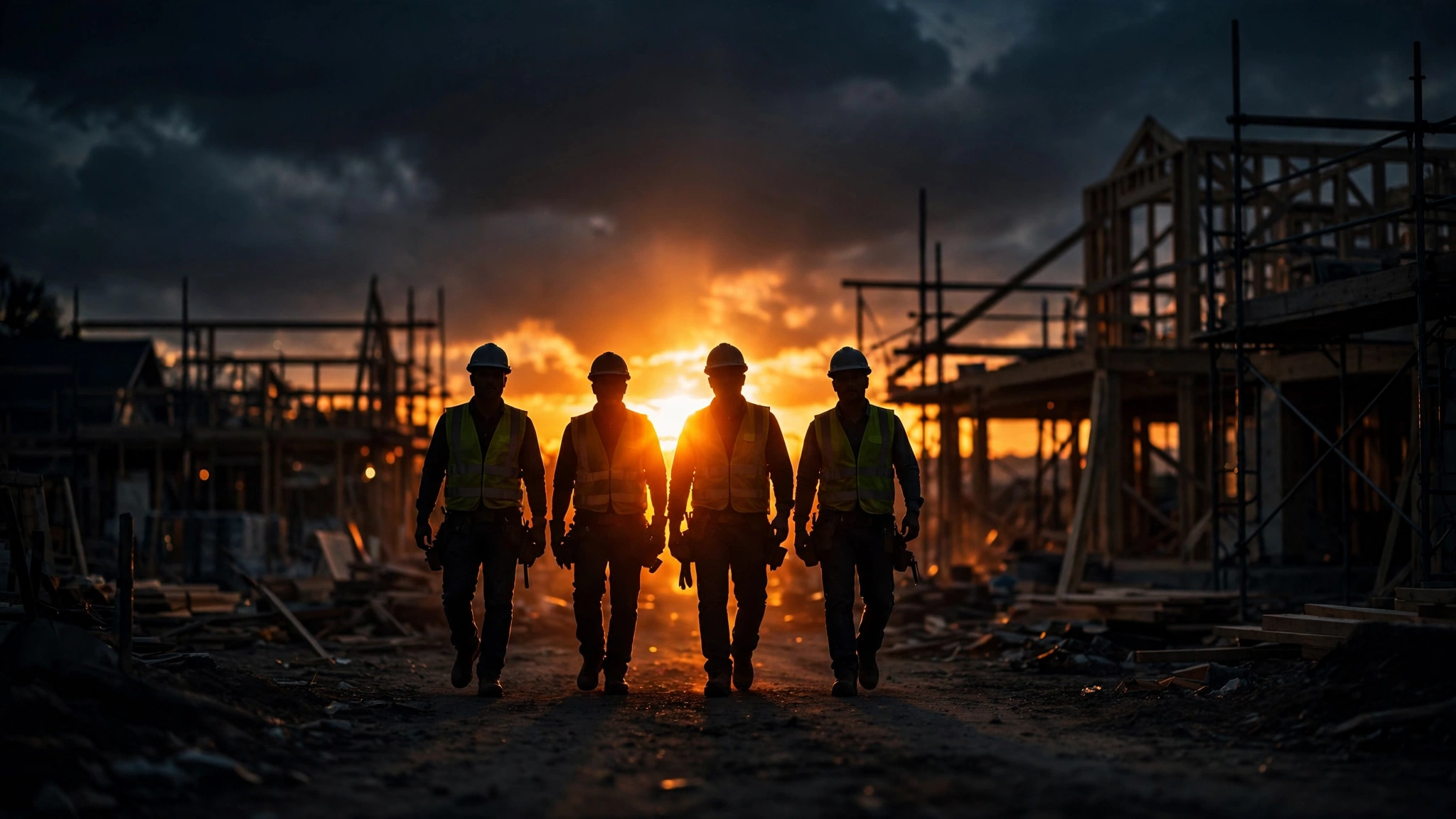 Contractor crew in hard hats walking across a job site at dusk